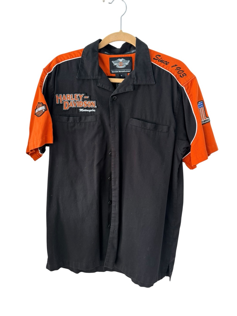 Harley-Davidson Black and Orange Short Sleeve Mechanic Shirt Medium